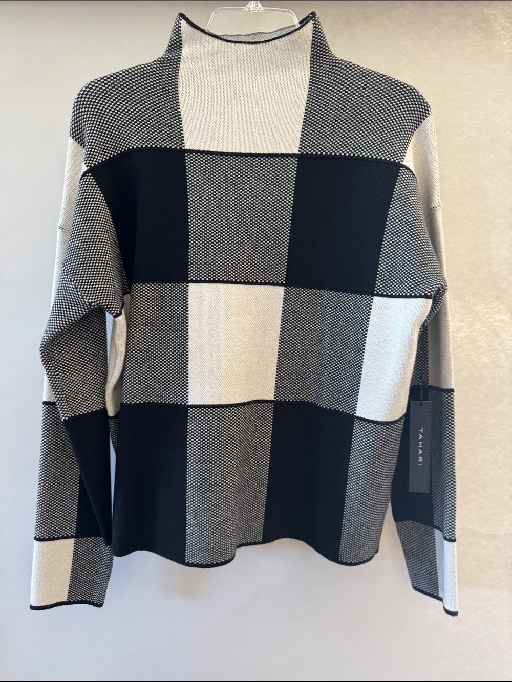 Tahari Black & White Checker Plaid Mock Neck Sweater